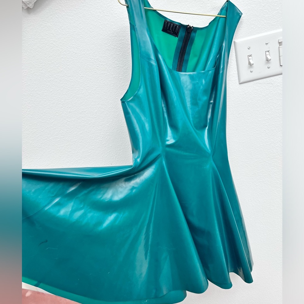 Syren latex green teal flared dress